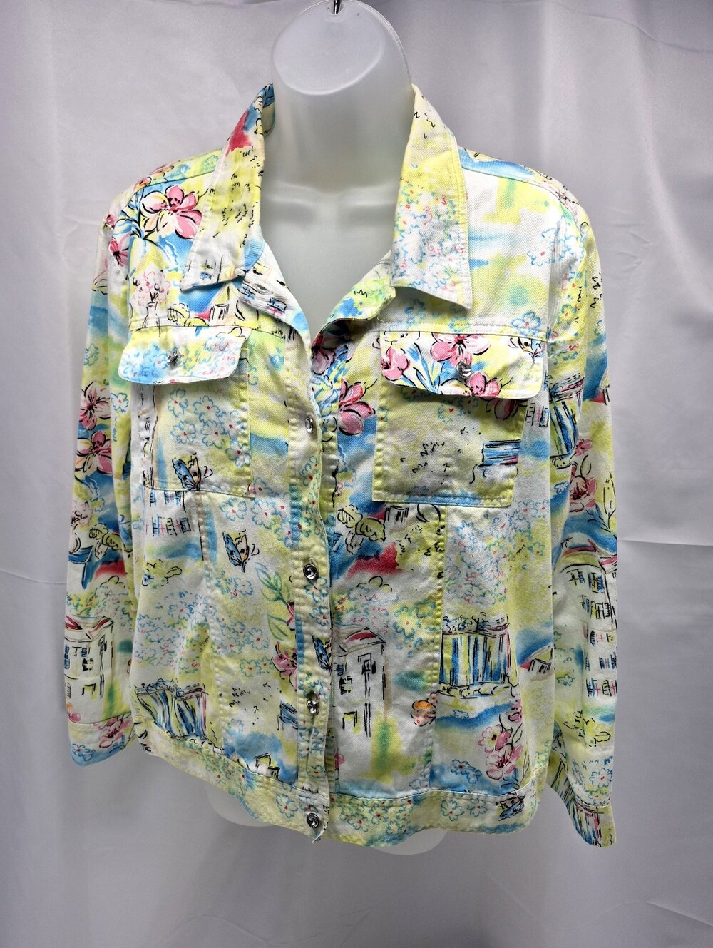VTG SML Sport Watercolor Floral Cityscape Light Canvas Jacket No Tag